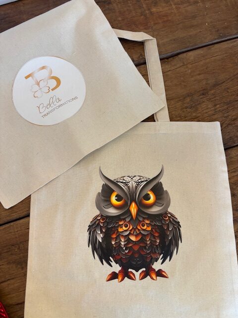 High-detail DTF printed owl graphic on custom canvas tote bag